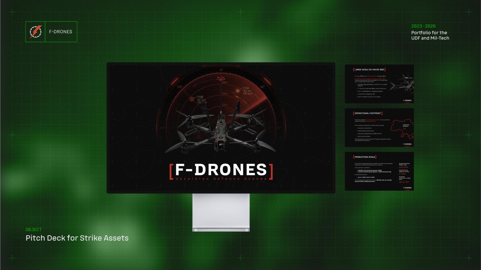 F-Drones pitch deck shown on a display with supporting slides